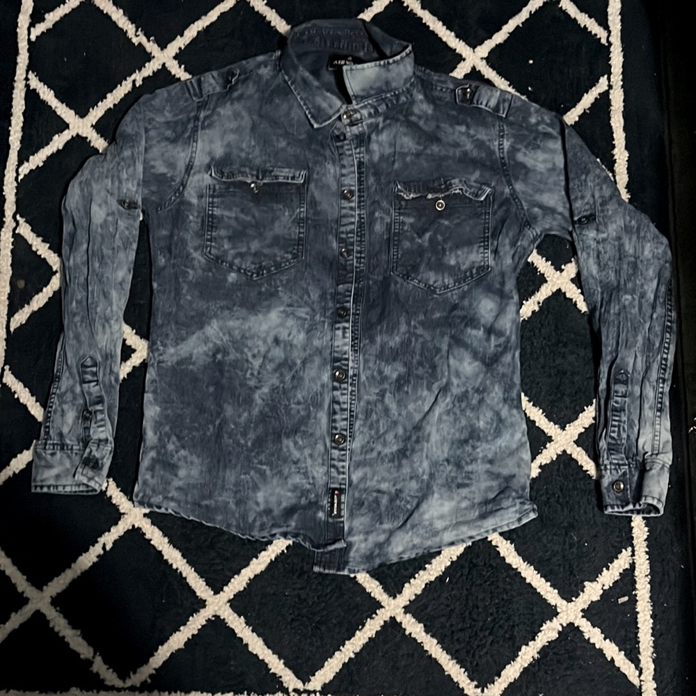 Distress blue button up shirt